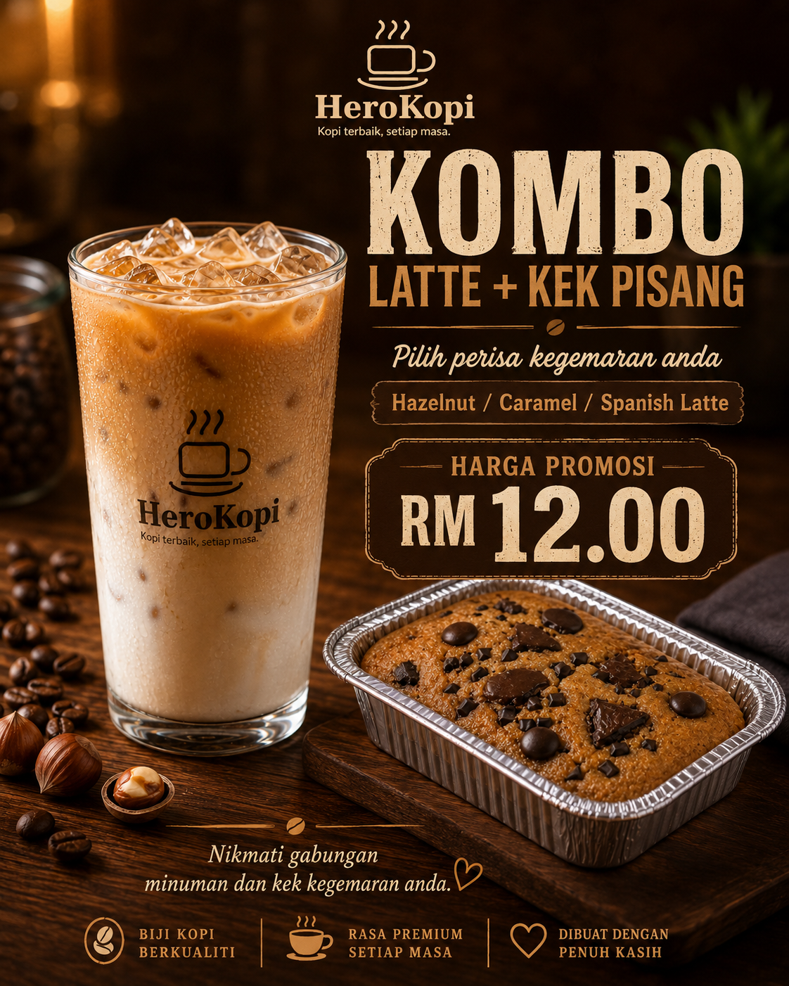 Kombo Hazelnut / Caramel / Spanish Latte + Kek Pisang Mini