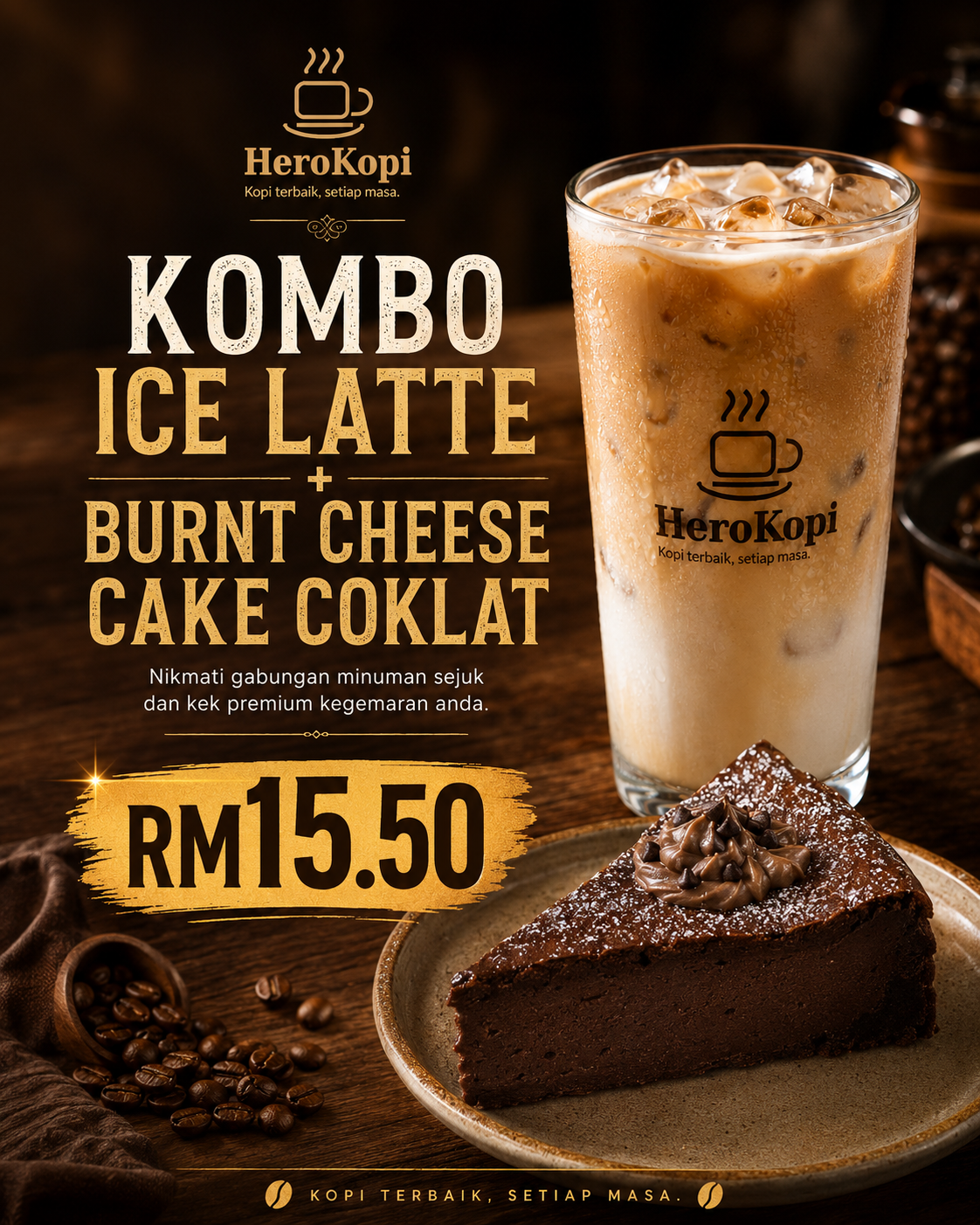 Kombo Ice Latte + Chocolate Burnt Cheese Cake